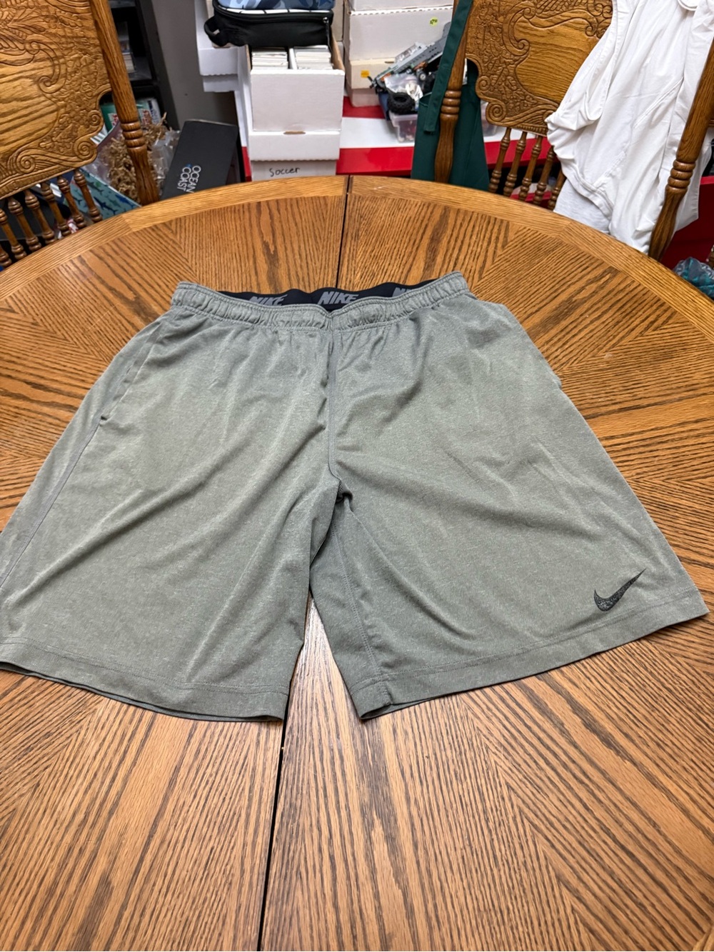 Nike Men's Olive Grey Athletic Training Shorts with Black Swoosh
